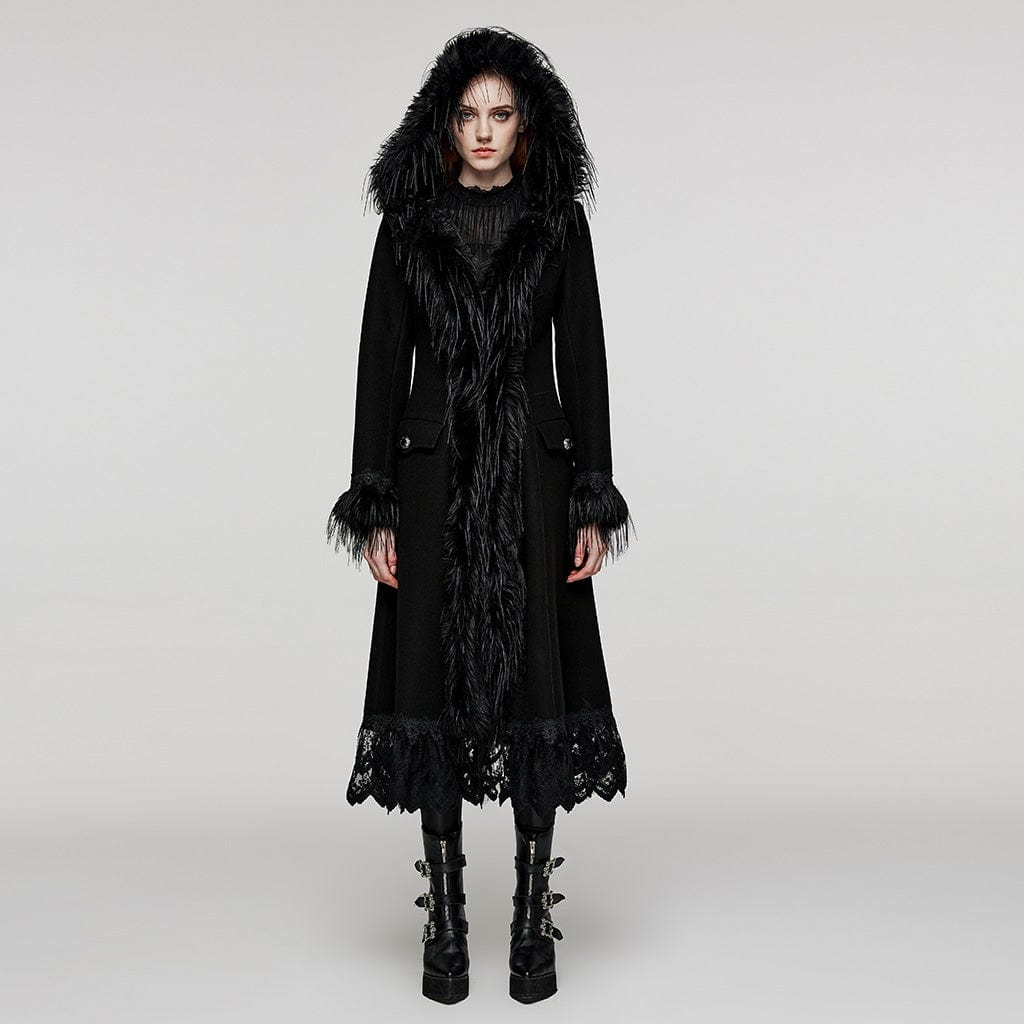 PUNK RAVE Women's Plus Size Gothic Fluffy Splice Lace Hem Coat with Hood