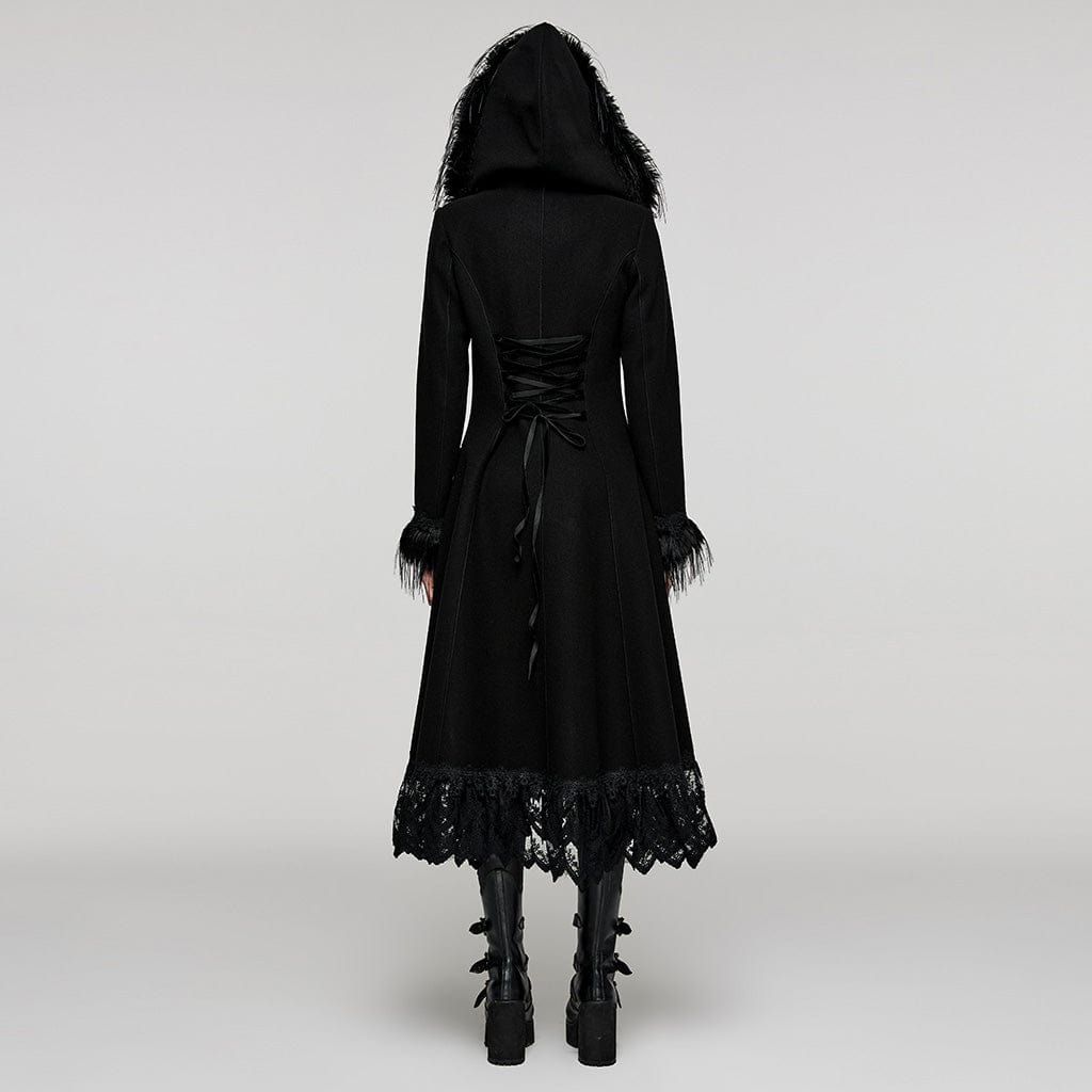 PUNK RAVE Women's Plus Size Gothic Fluffy Splice Lace Hem Coat with Hood