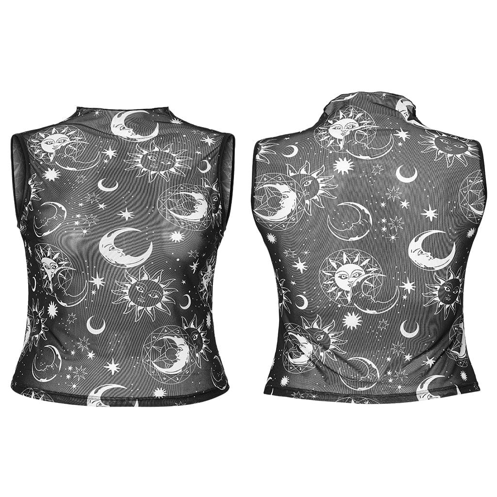 PUNK RAVE Women's Plus Size Gothic Half-high Collar Sun Mesh Tank Top