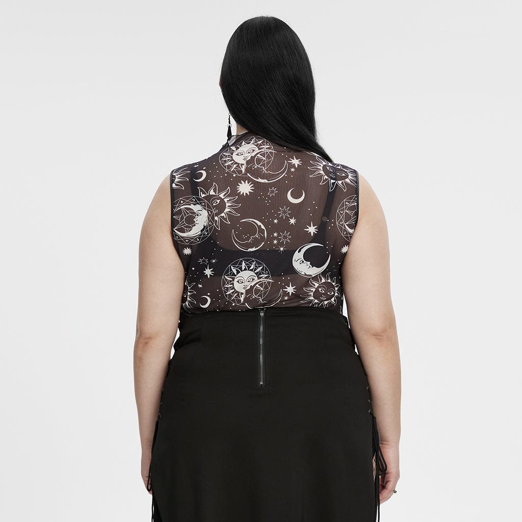 PUNK RAVE Women's Plus Size Gothic Half-high Collar Sun Mesh Tank Top