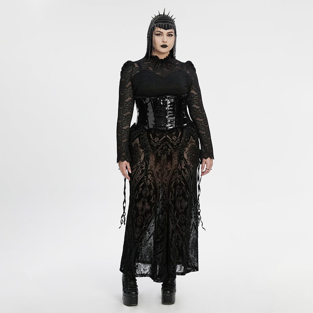 PUNK RAVE Women's Plus Size Gothic Lace-up Sheer Flocked Mesh Skirt