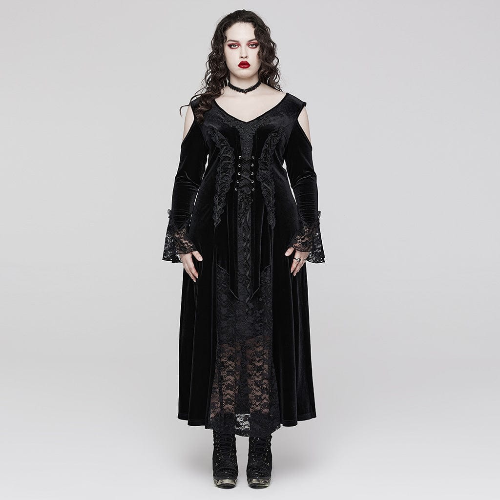 gothic plus size dress Women's Plus Size Gothic Off Shoulder Lace Splice Velvet Dress – Punk Design