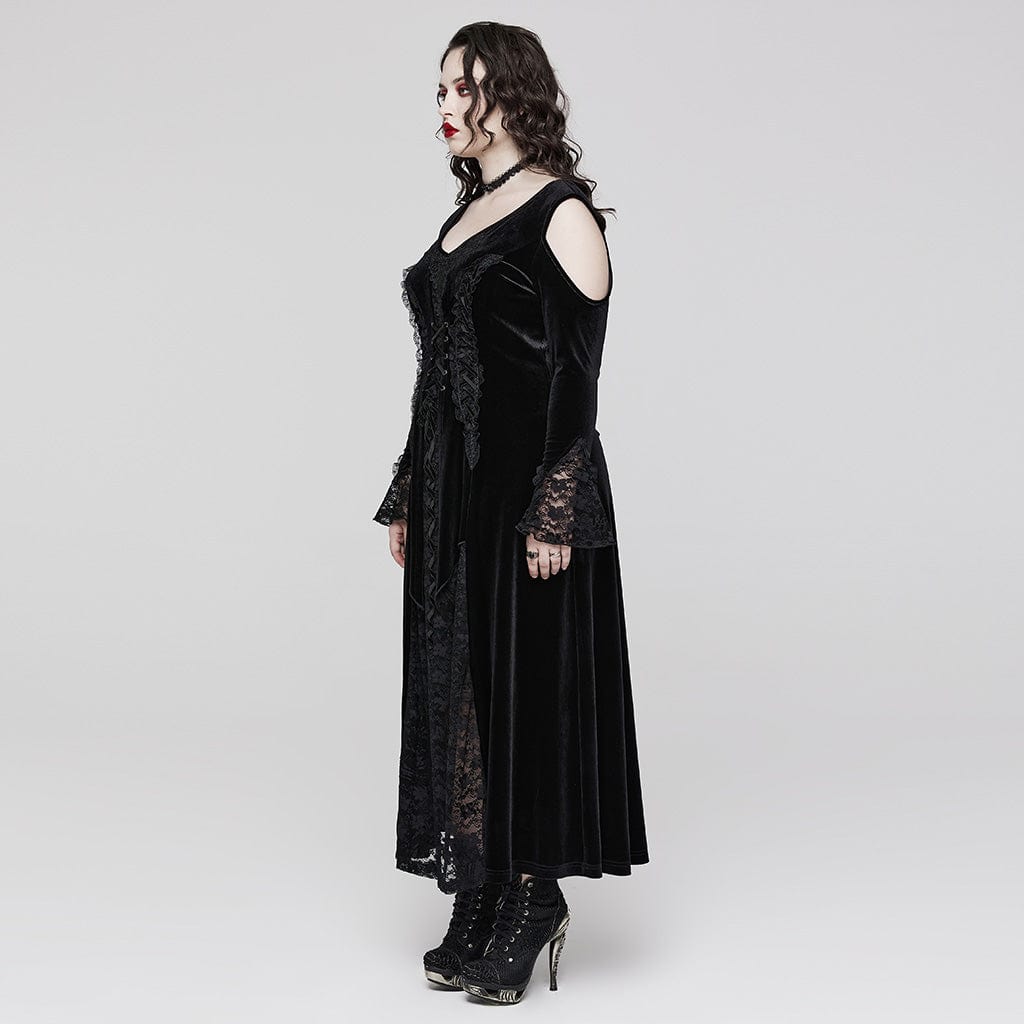 PUNK RAVE Women's Plus Size Gothic Off Shoulder Lace Splice Velvet Dress