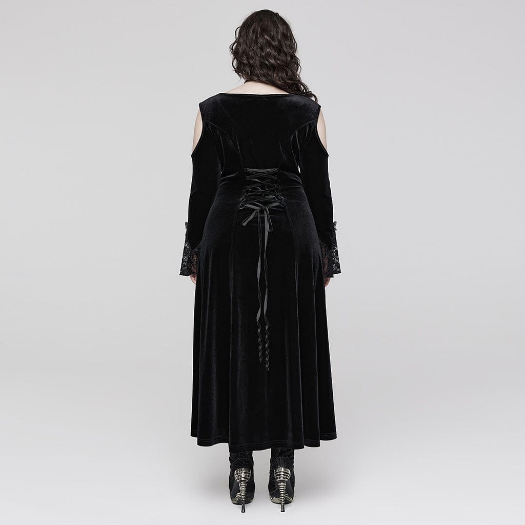 PUNK RAVE Women's Plus Size Gothic Off Shoulder Lace Splice Velvet Dress