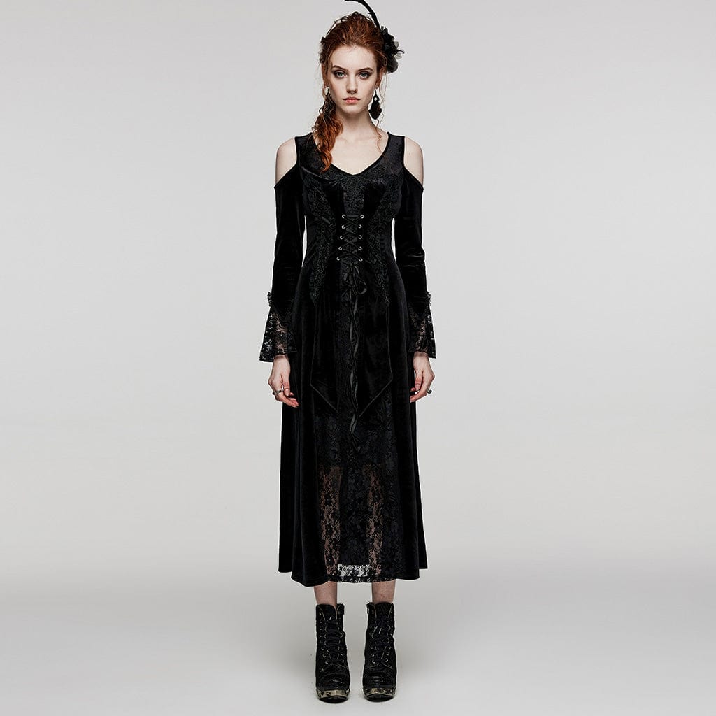 PUNK RAVE Women's Plus Size Gothic Off Shoulder Lace Splice Velvet Dress