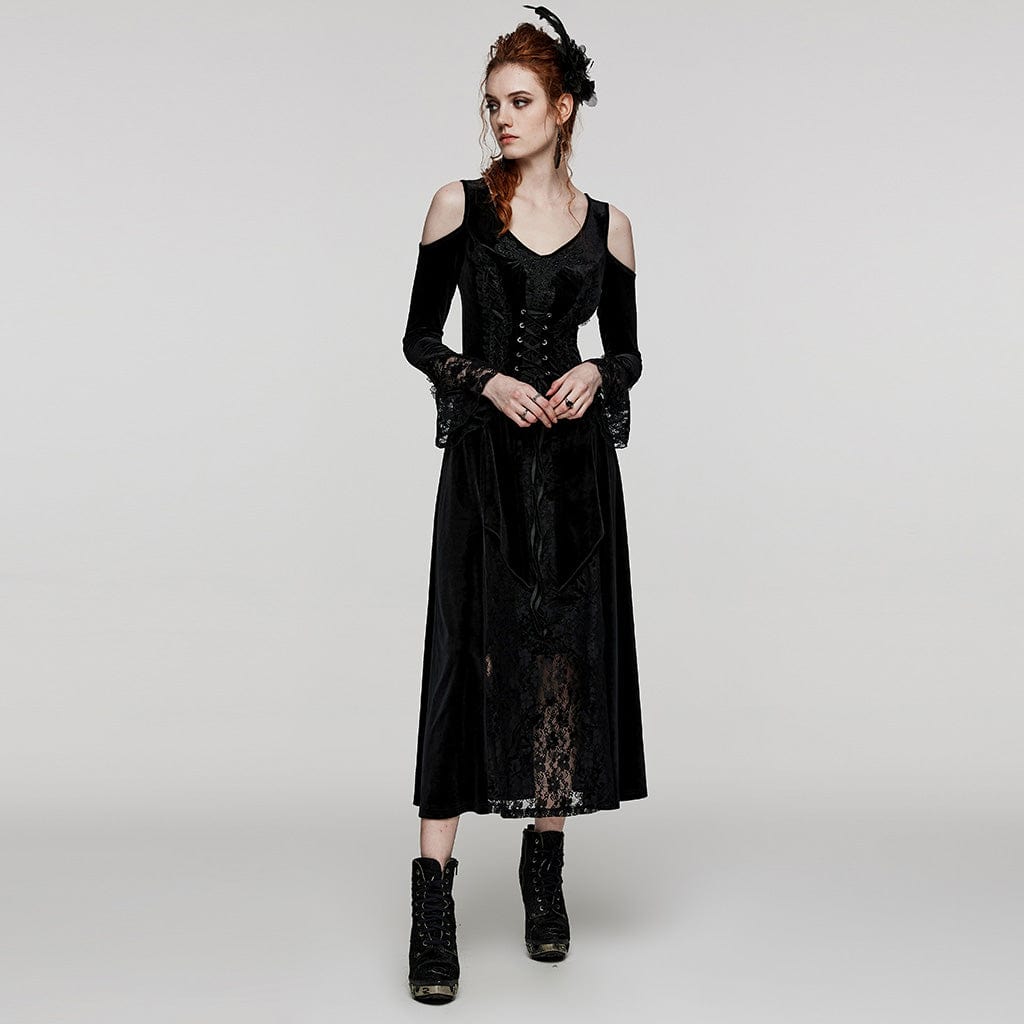 PUNK RAVE Women's Plus Size Gothic Off Shoulder Lace Splice Velvet Dress