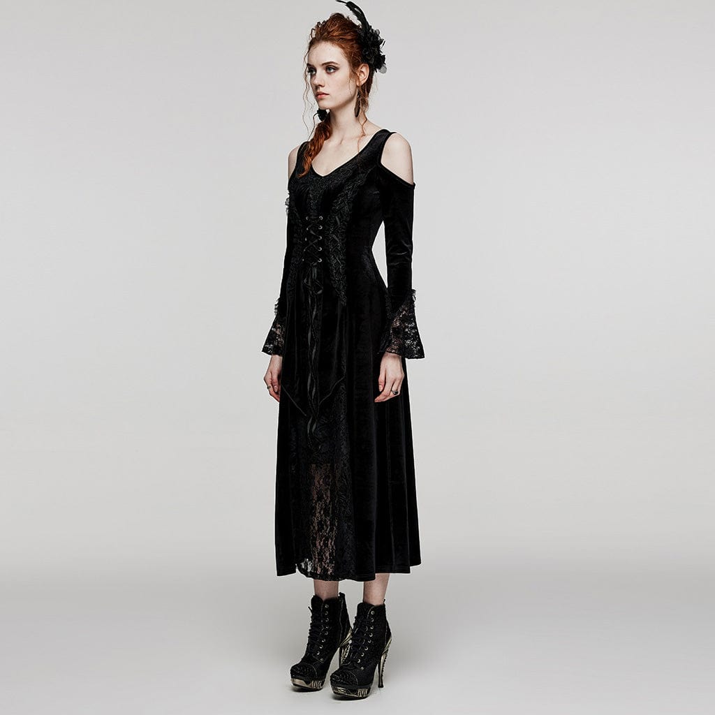 PUNK RAVE Women's Plus Size Gothic Off Shoulder Lace Splice Velvet Dress