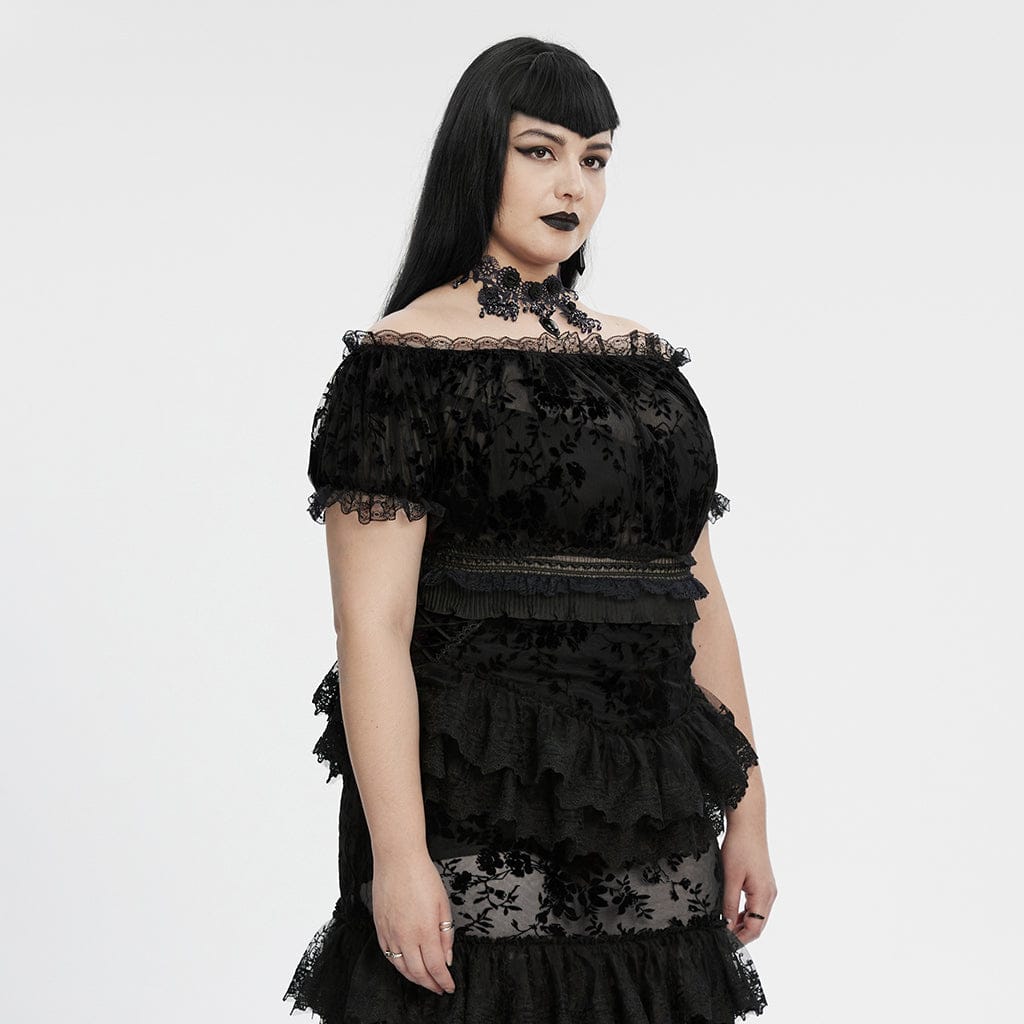 PUNK RAVE Women's Plus Size Gothic Off Shoulder Ruffles Sheer Shirt Black