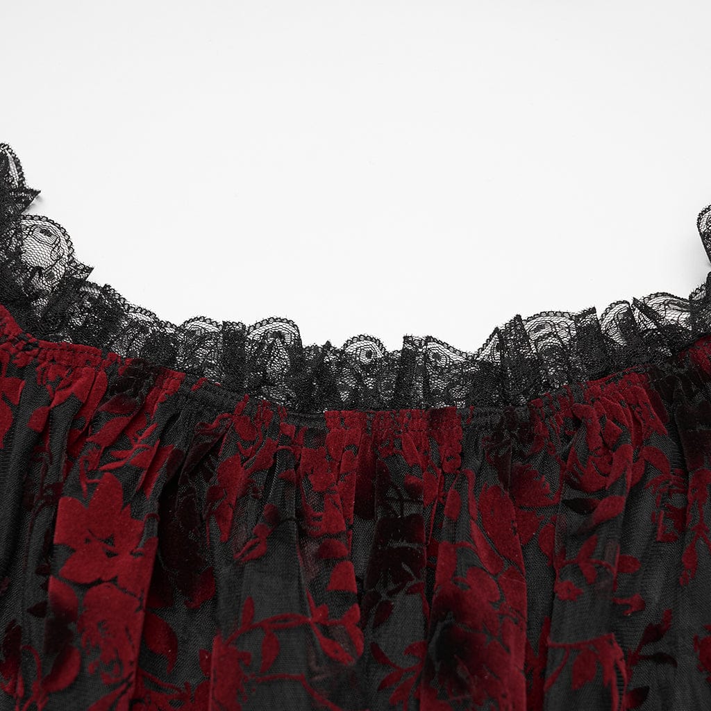 PUNK RAVE Women's Plus Size Gothic Off Shoulder Ruffles Sheer Shirt Black-Red