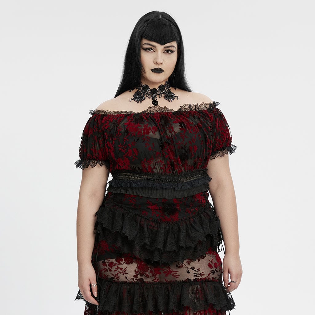 PUNK RAVE Women's Plus Size Gothic Off Shoulder Ruffles Sheer Shirt Black-Red