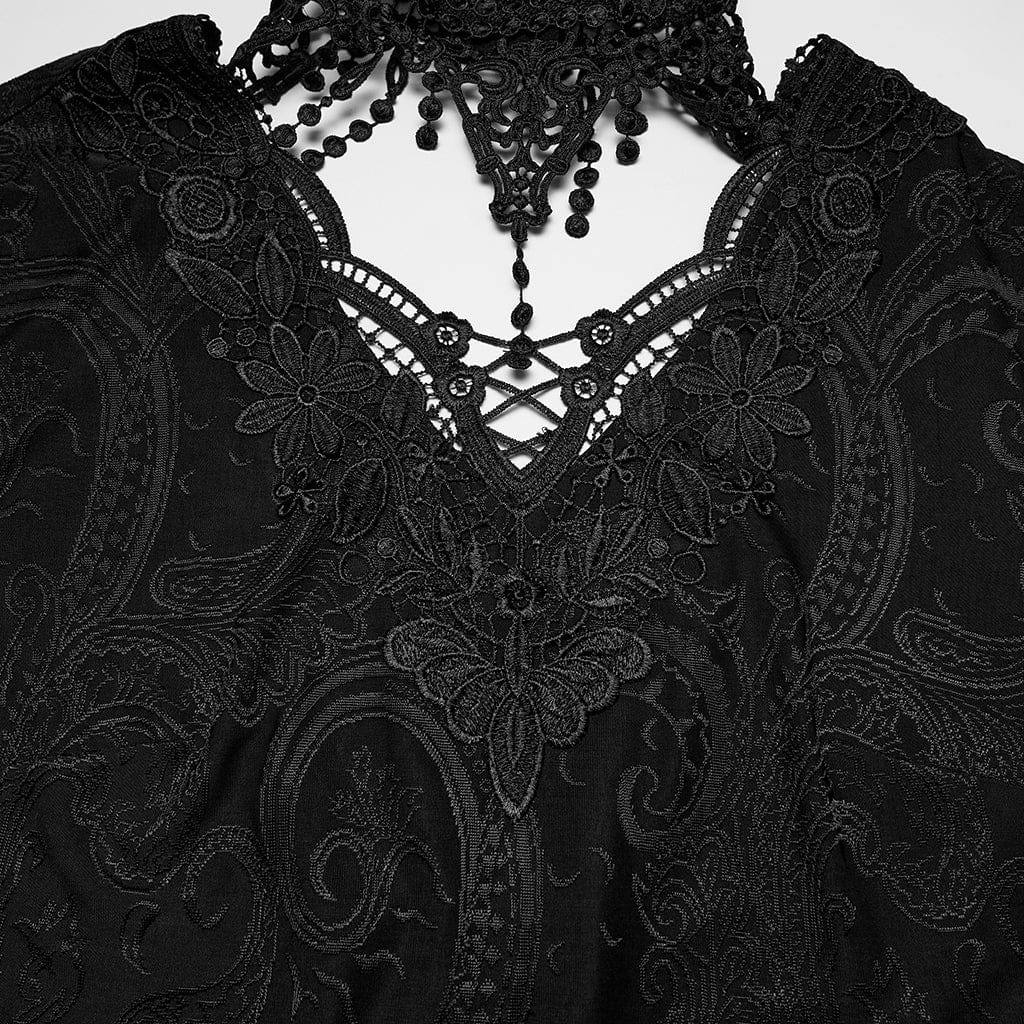 PUNK RAVE Women's Plus Size Gothic Plunging Flared Sleeved Lace-up Shirt