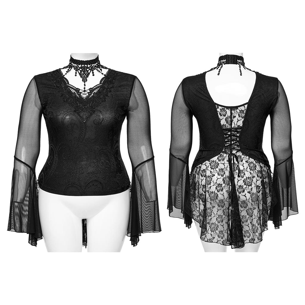 PUNK RAVE Women's Plus Size Gothic Plunging Flared Sleeved Lace-up Shirt