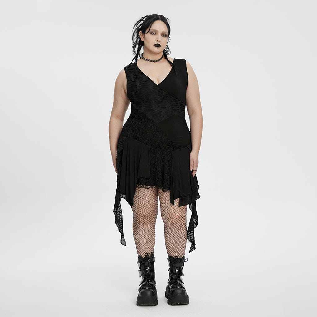 PUNK RAVE Women's Plus Size Gothic Plunging Irregular Ripped Honeymoon Dress