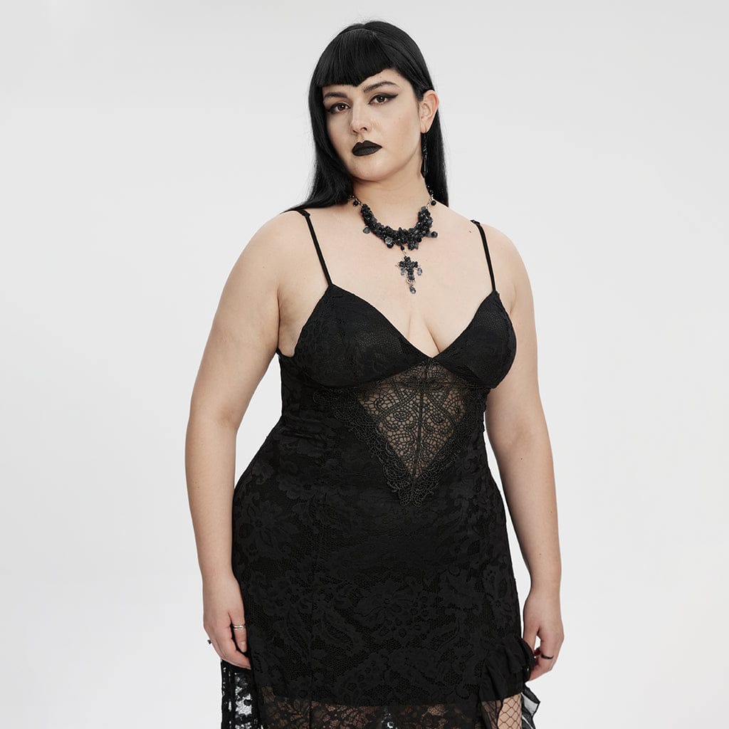 PUNK RAVE Women's Plus Size Gothic Plunging Split Lace Evening Slip Dress