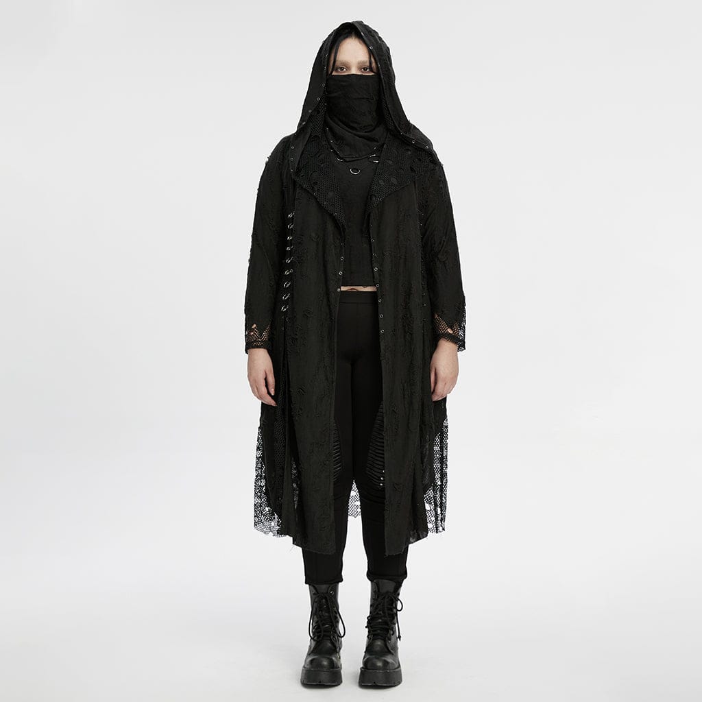 PUNK RAVE Women's Plus Size Gothic Ripped Mesh Splice Coat with Hood