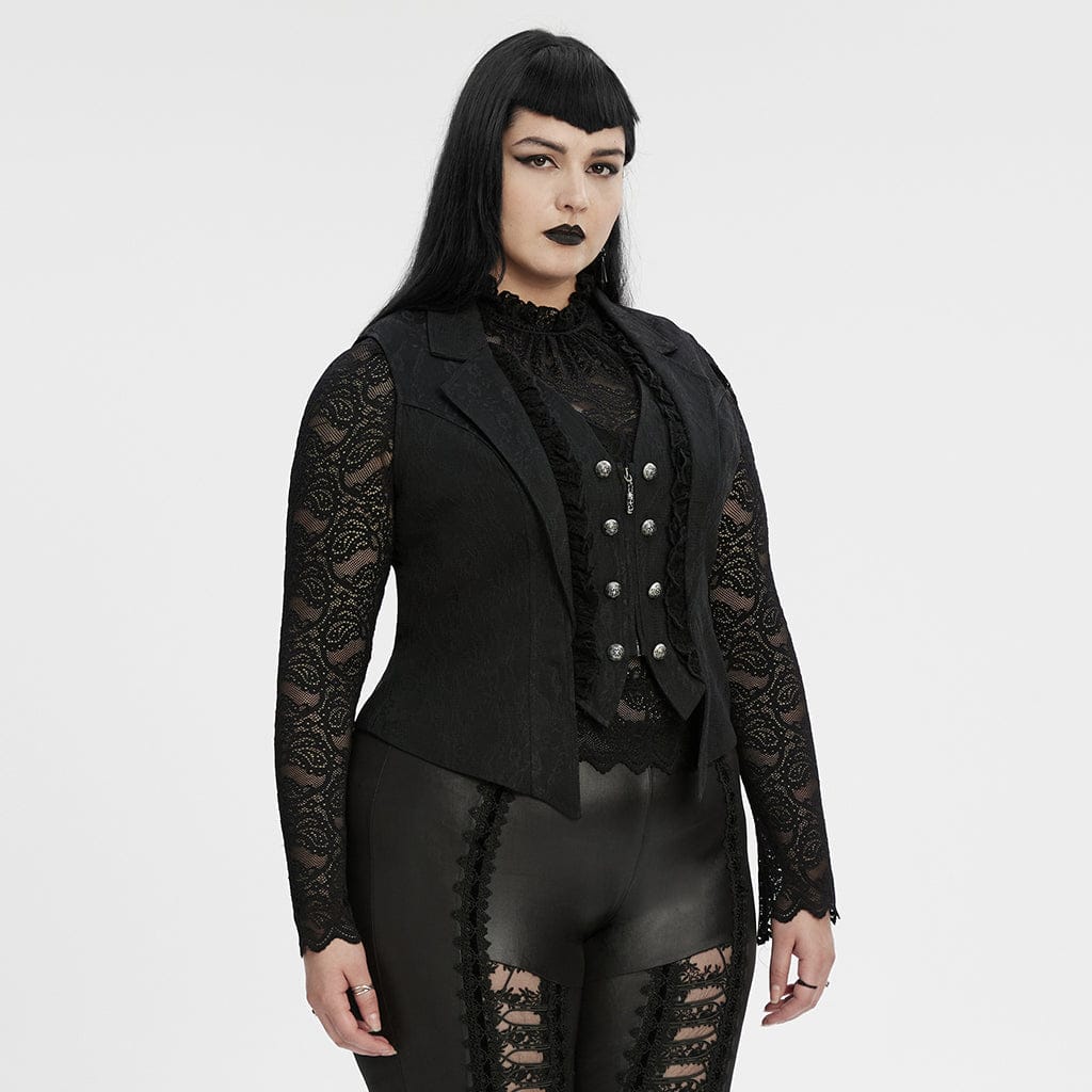 PUNK RAVE Women's Plus Size Gothic Ruffled Lace Splice Lapel Vest