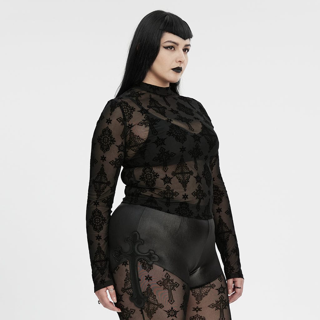 PUNK RAVE Women's Plus Size Gothic Star Cross Flocking Mesh T-shirt
