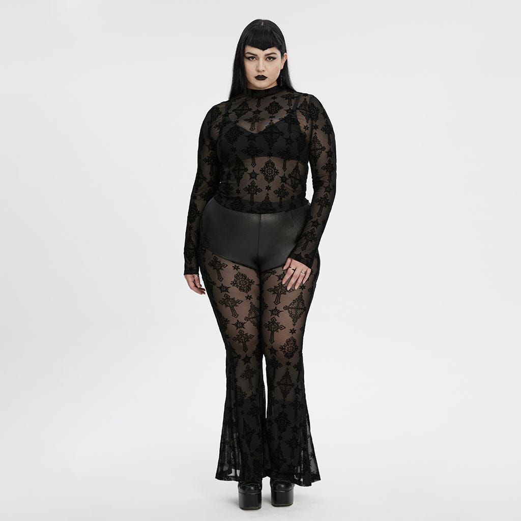 PUNK RAVE Women's Plus Size Gothic Star Cross Flocking Mesh T-shirt