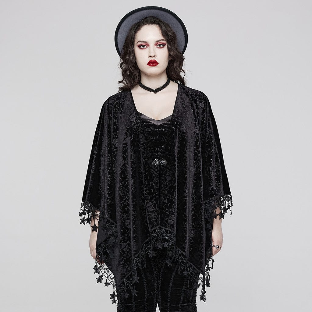 PUNK RAVE Women's Plus Size Gothic Star Tassels Velvet Cape