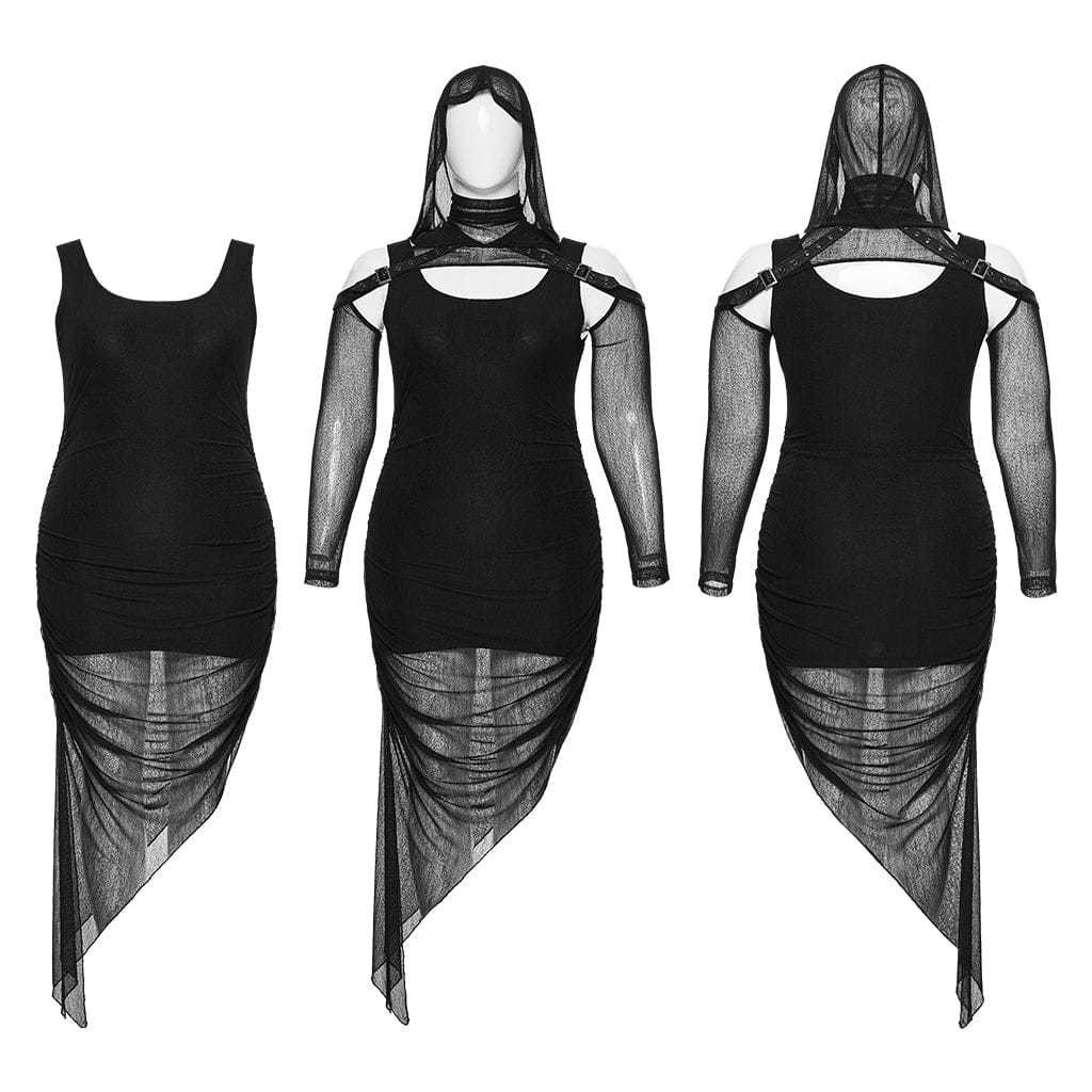 PUNK RAVE Women's Plus Size Punk Irregular Ruched Black Party Dress with Hooded Cape