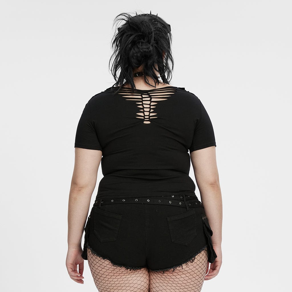 PUNK RAVE Women's Plus Size Punk Ripped Buckle Shirt