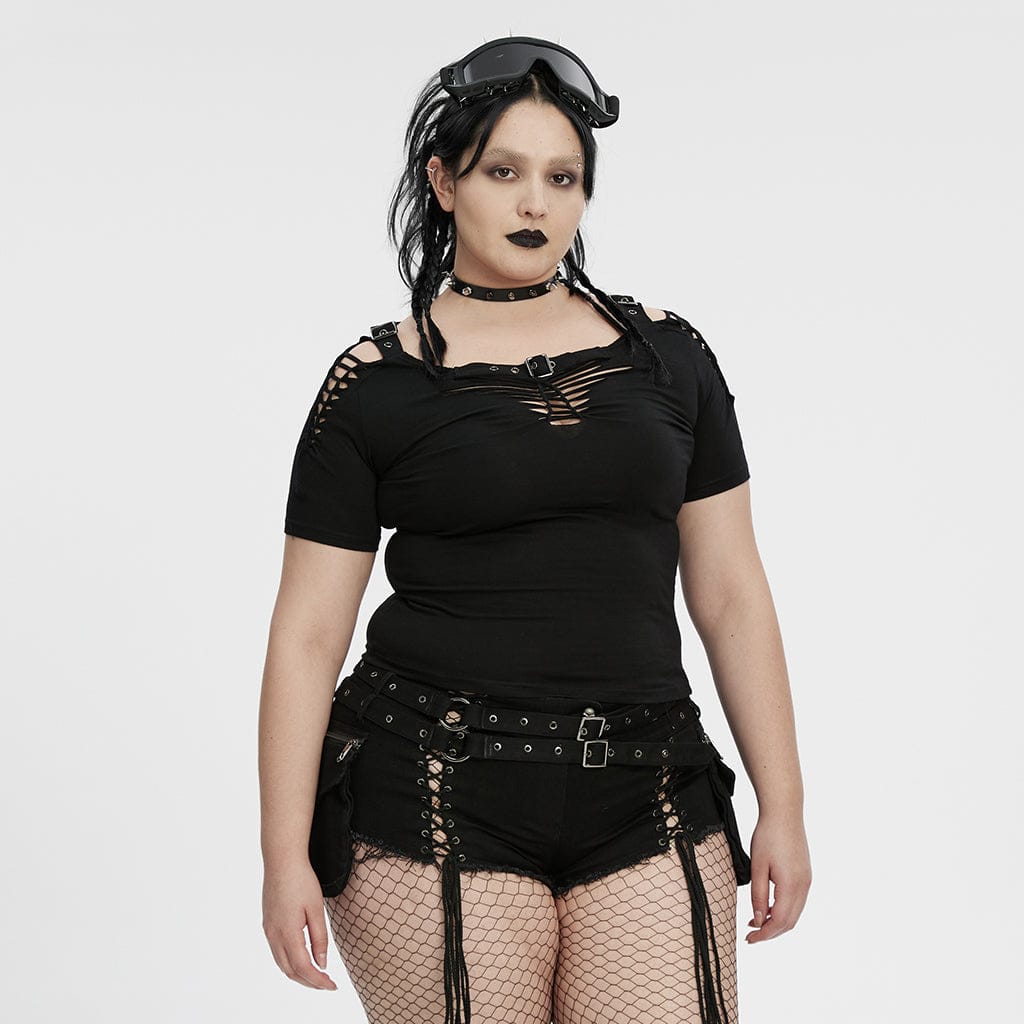 PUNK RAVE Women's Plus Size Punk Ripped Buckle Shirt