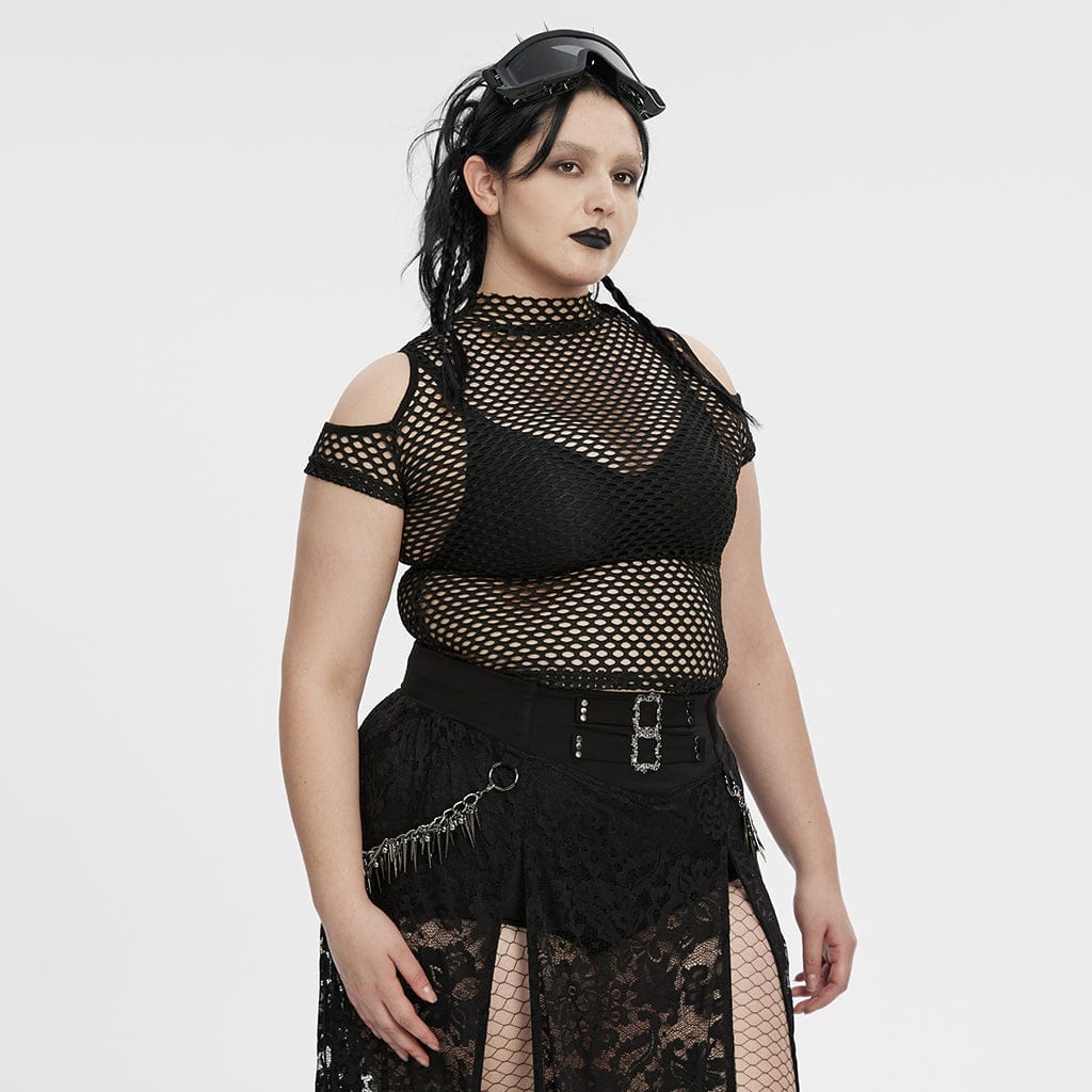 PUNK RAVE Women's Plus Size Punk Sheer Cutout Mesh Top Black