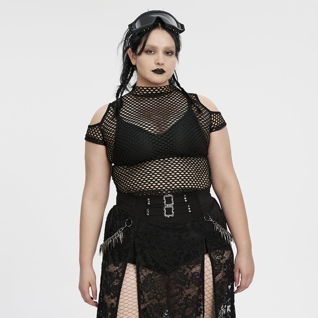 PUNK RAVE Women's Plus Size Punk Sheer Cutout Mesh Top Black