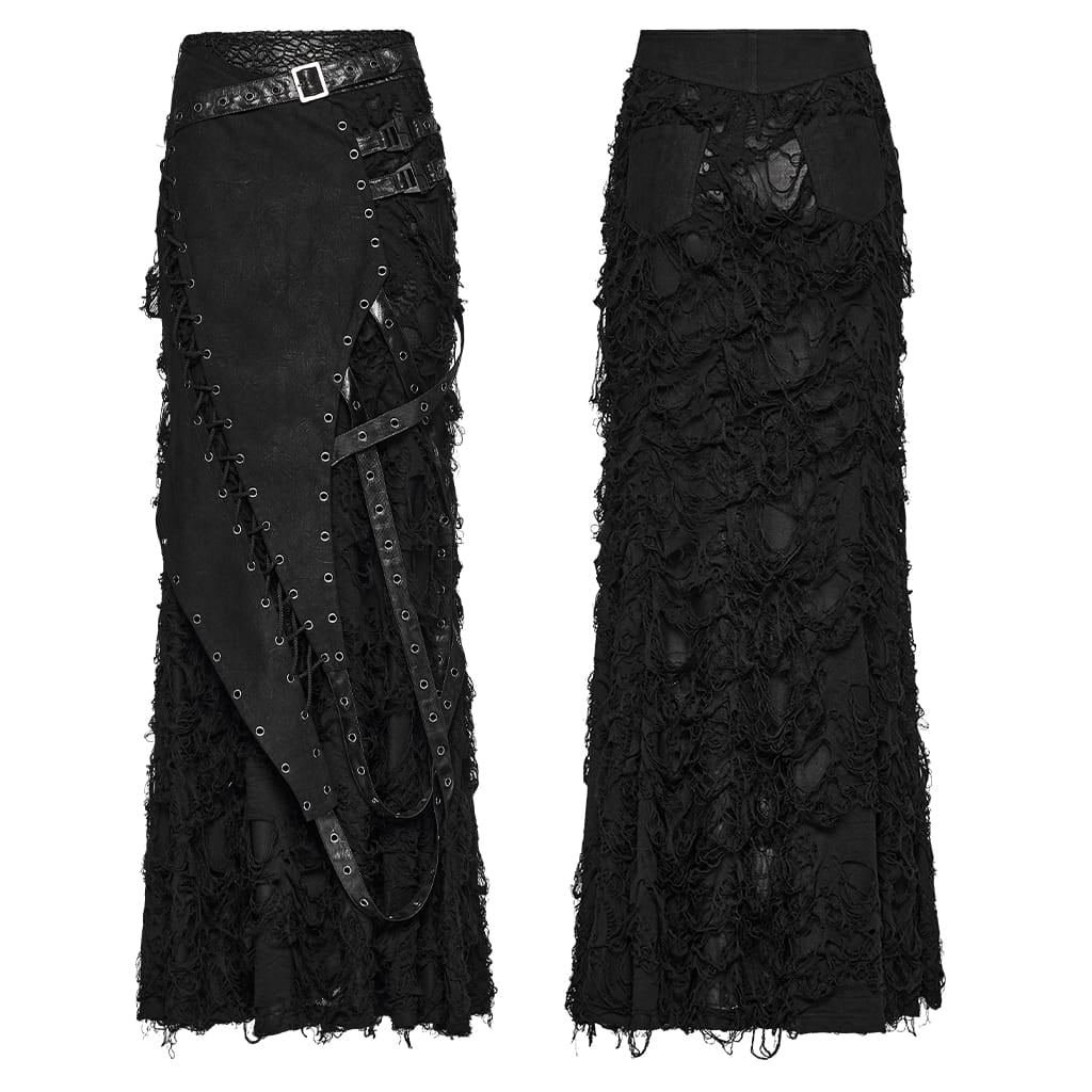 PUNK RAVE Women's Punk Asymmetric Eyelet Lace-up Distressed Maxi Skirt