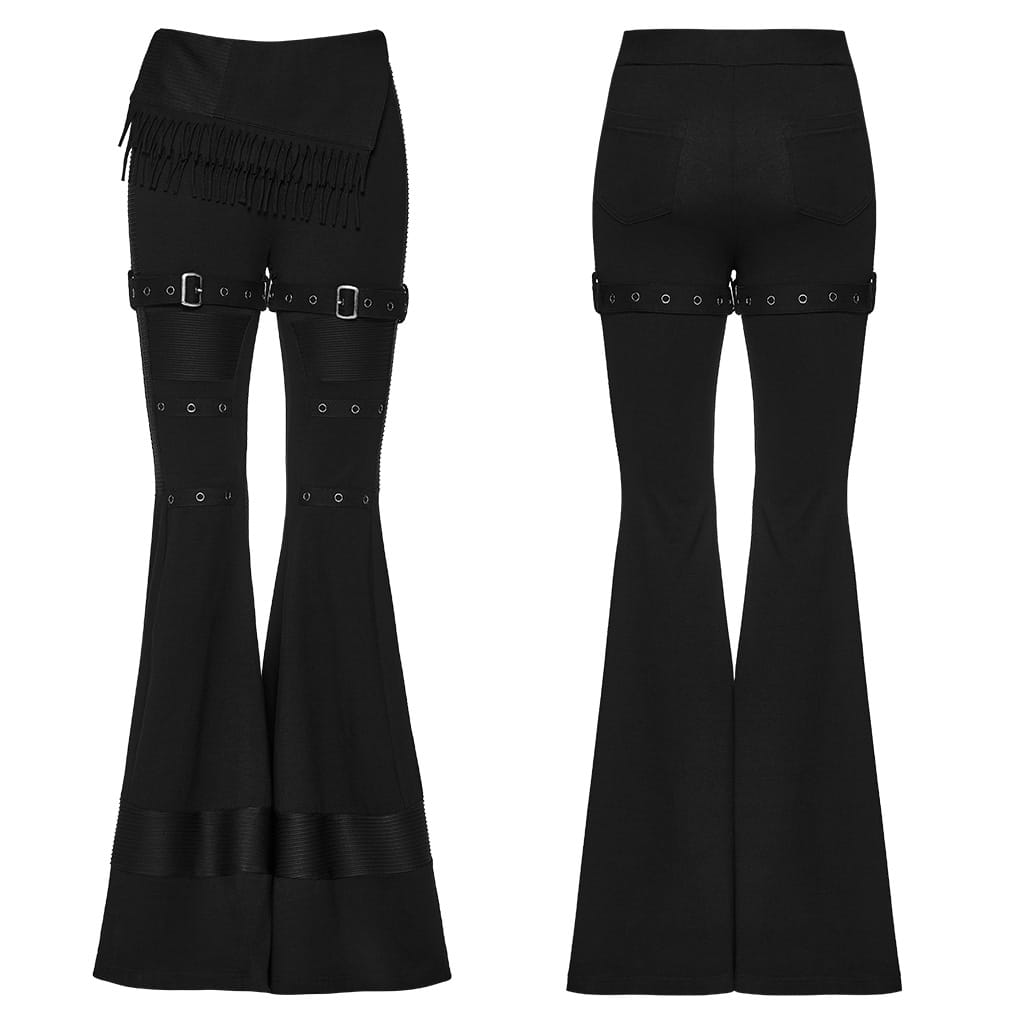 PUNK RAVE Women's Punk Asymmetric Tassel Buckle Strap Flared Pants