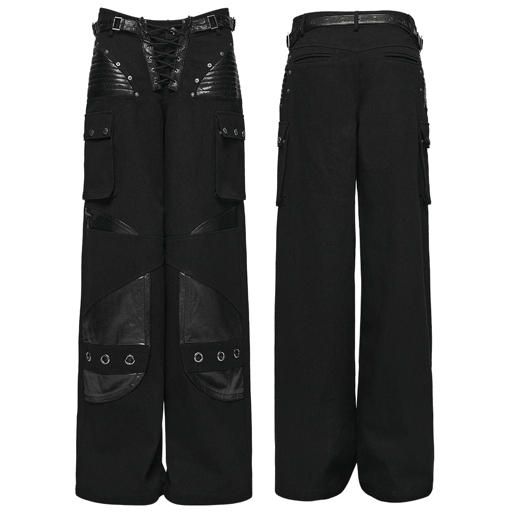 PUNK RAVE Women's Punk Big Pocket Buckle Strap Lace-up Pants