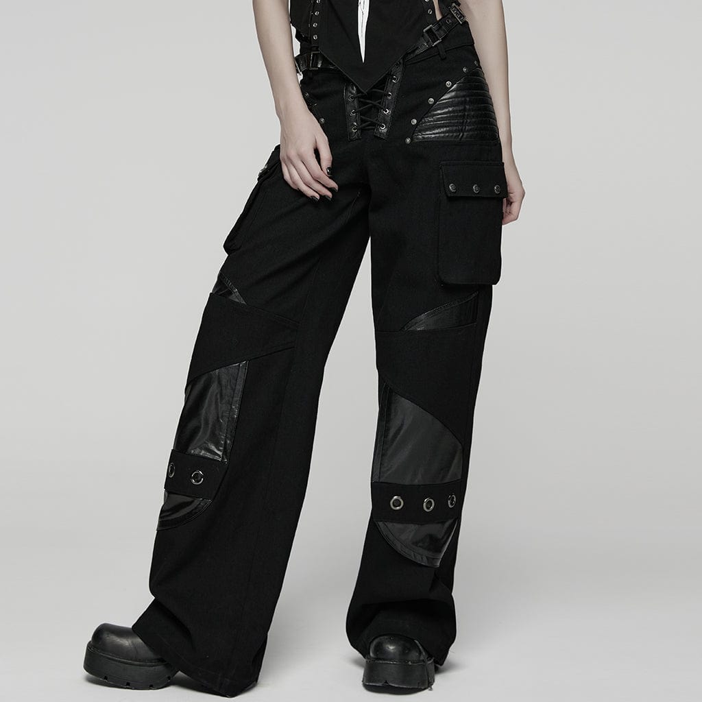 PUNK RAVE Women's Punk Big Pocket Buckle Strap Lace-up Pants