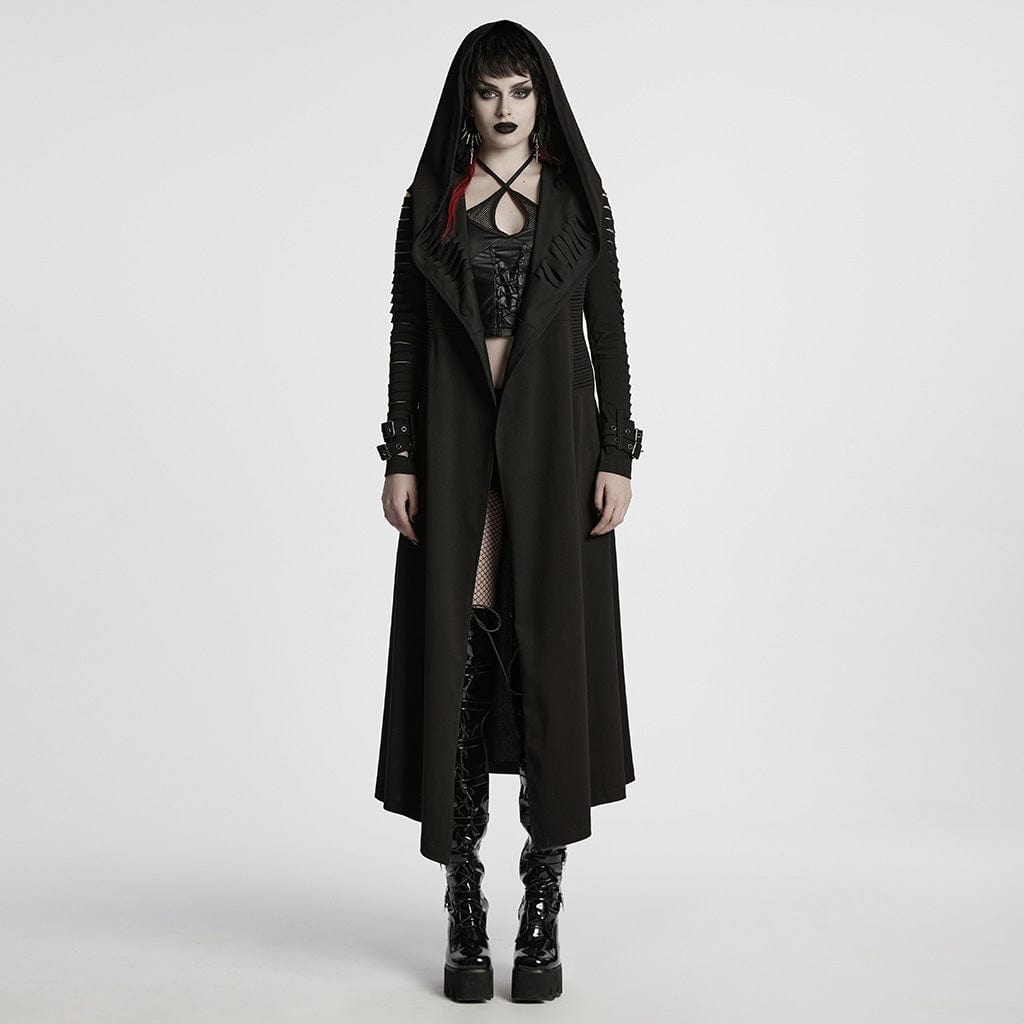 PUNK RAVE Women's Punk Buckle Ripped Coat with Hood