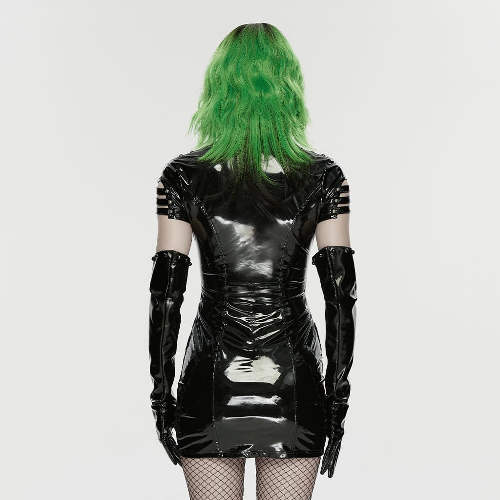 PUNK RAVE Women's Punk Buckle Strap Cutout Mesh Splice Dress