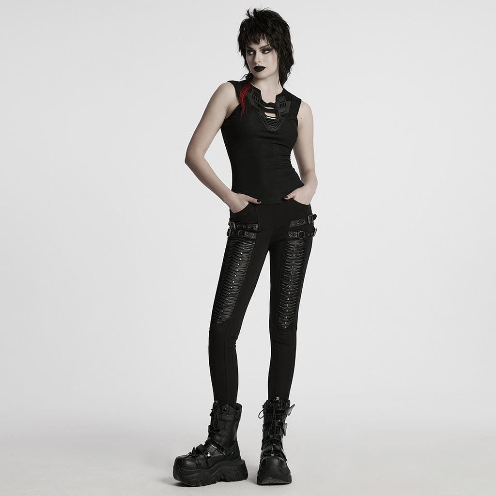 PUNK RAVE Women's Punk Buckle Strap Pleated Leggings