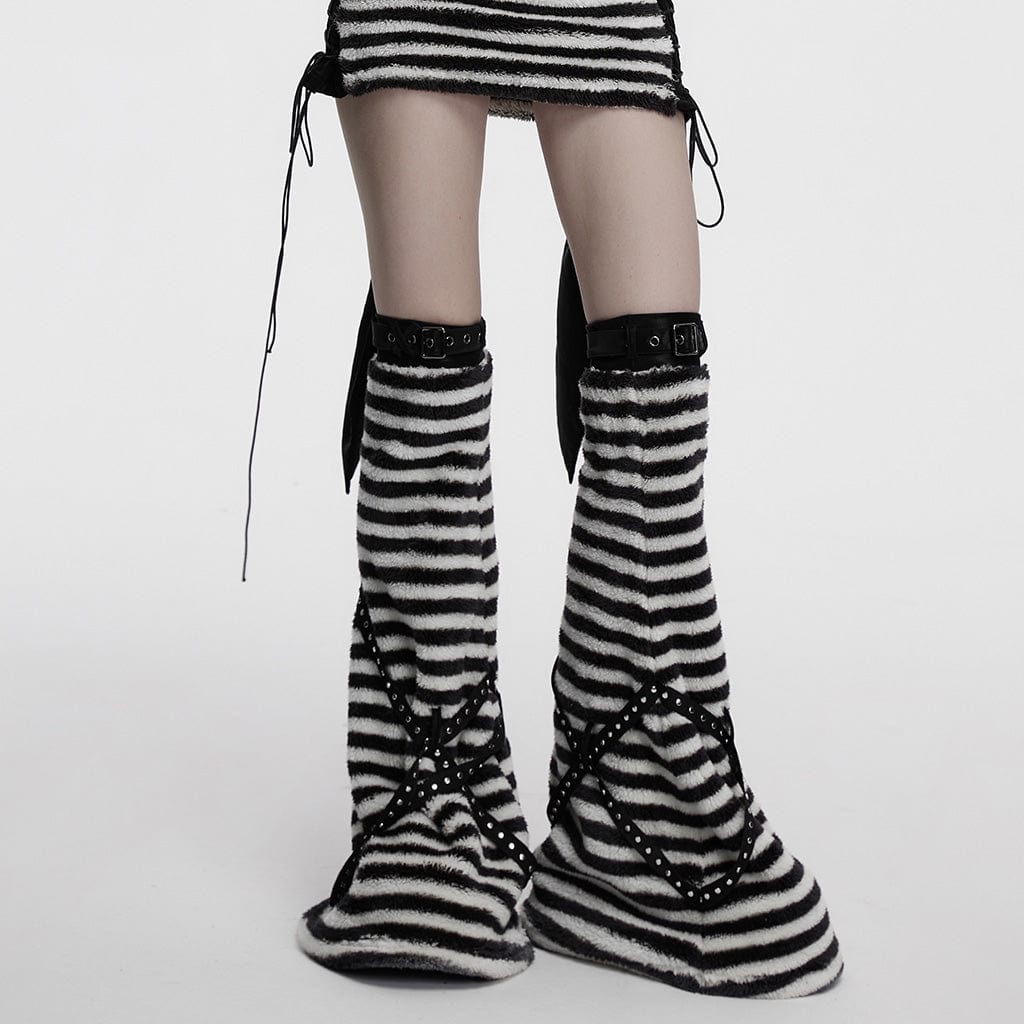 PUNK RAVE Women's Punk Buckle Striped Fluffy Leg Warmers