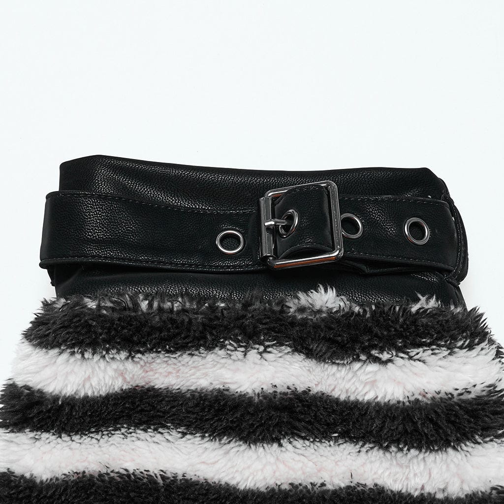 PUNK RAVE Women's Punk Buckle Striped Fluffy Leg Warmers