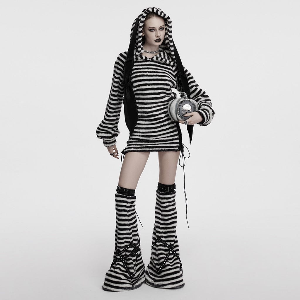 PUNK RAVE Women's Punk Buckle Striped Fluffy Leg Warmers