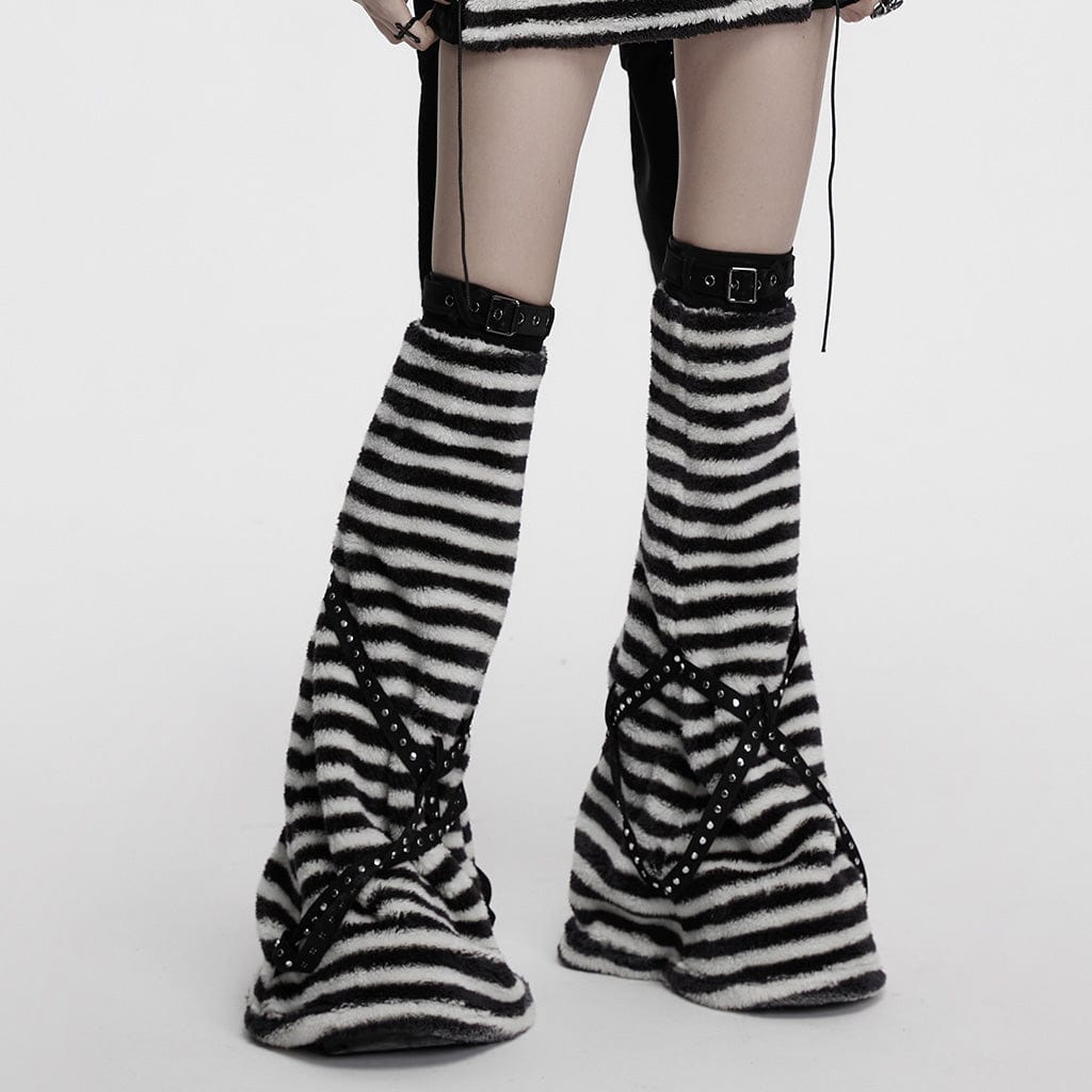 PUNK RAVE Women's Punk Buckle Striped Fluffy Leg Warmers