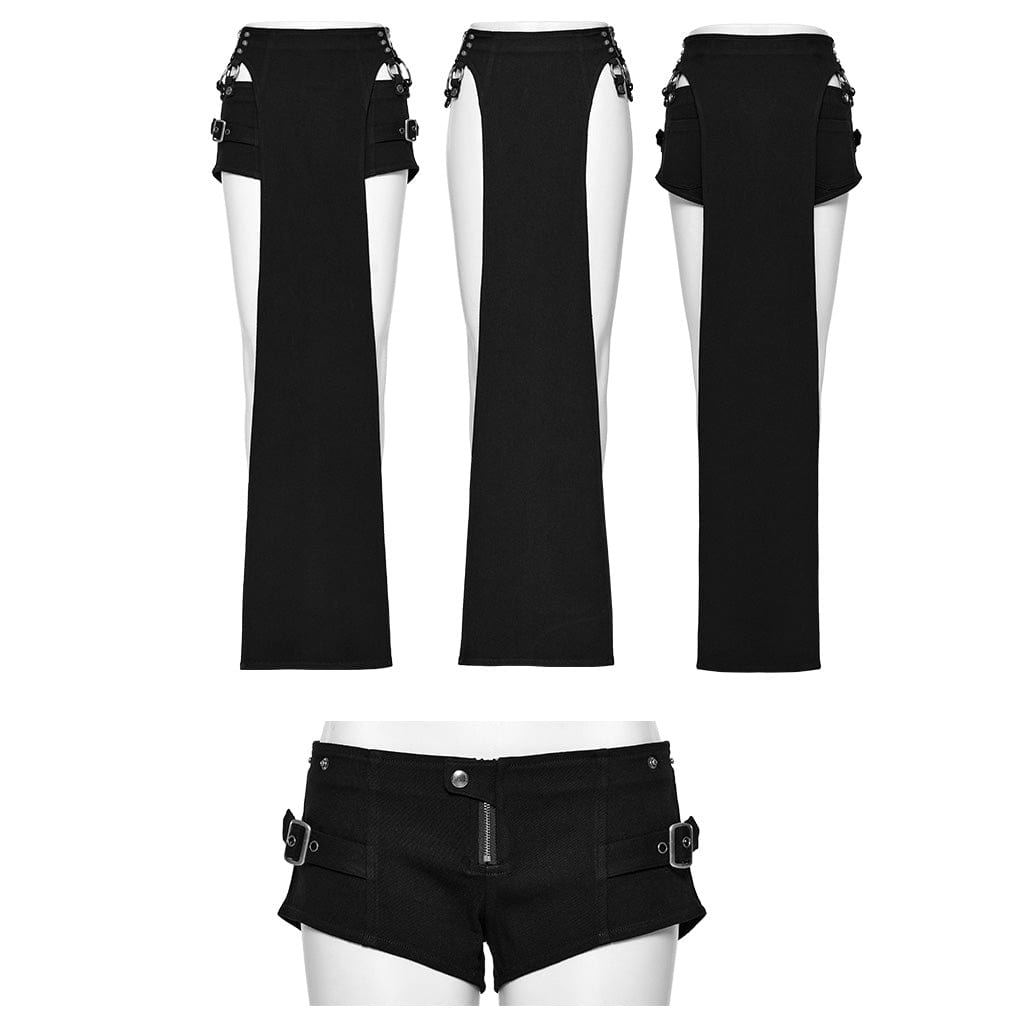 PUNK RAVE Women's Punk Buckle Studded Removable Shorts