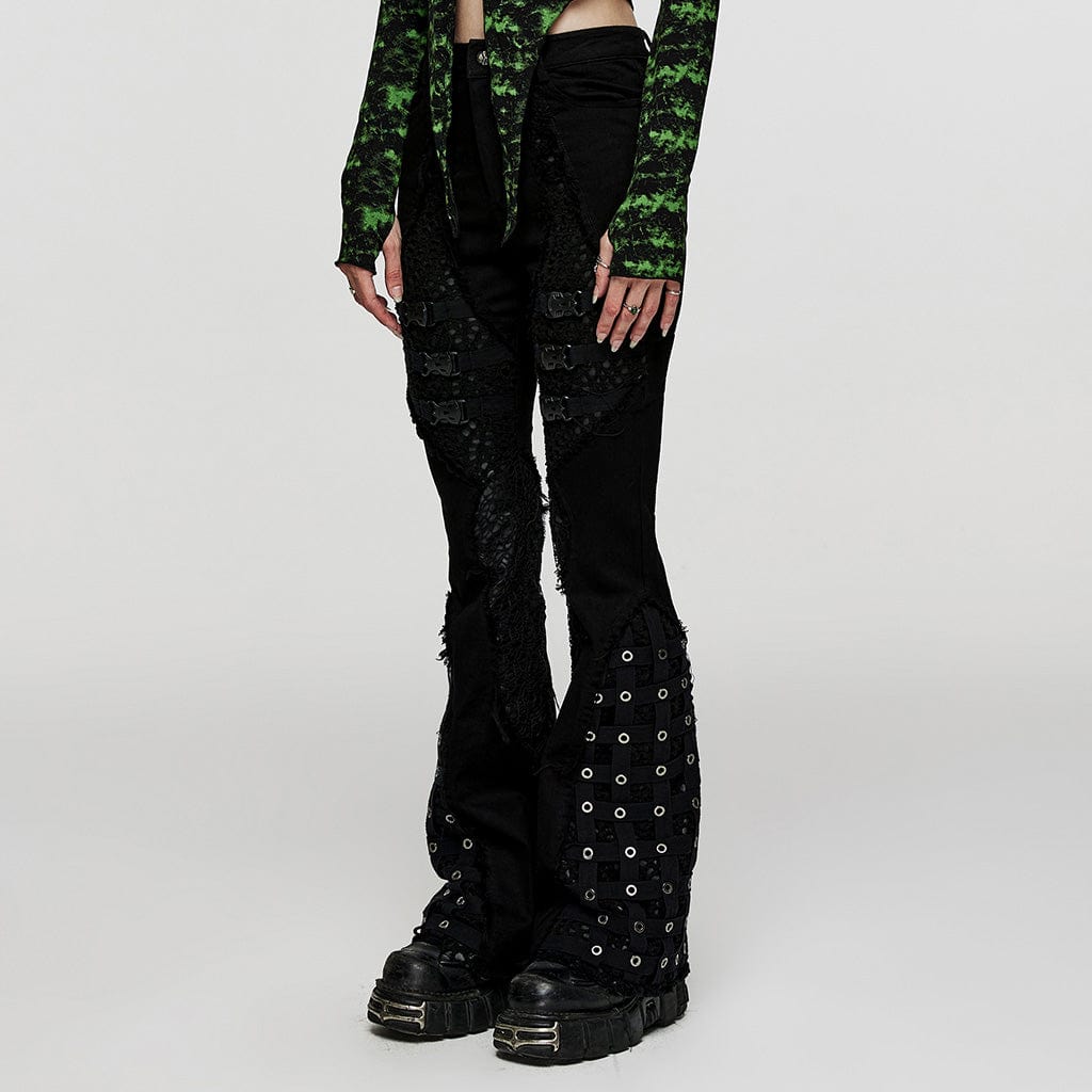 PUNK RAVE Women's Punk Buckle Unedged Flared Pants