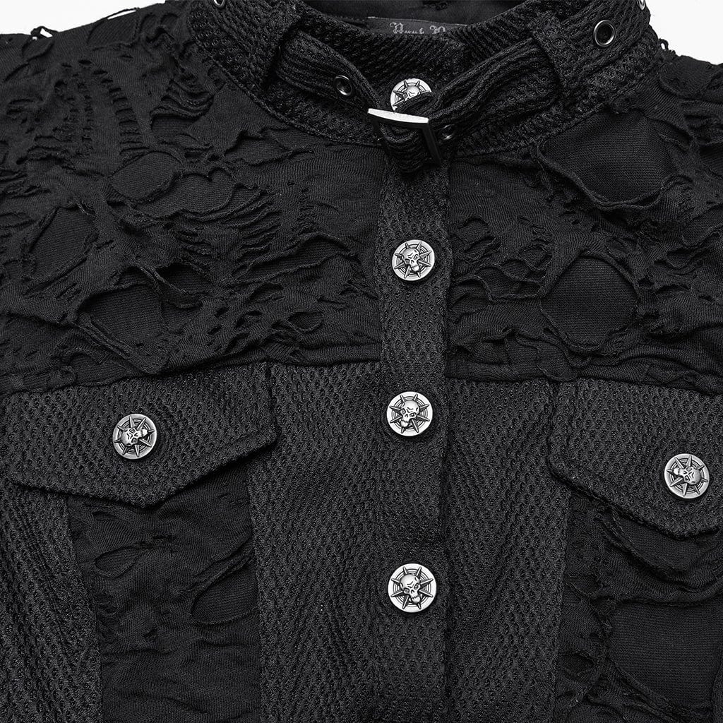 PUNK RAVE Women's Punk Buckle-up Collar Ripped Short Vest