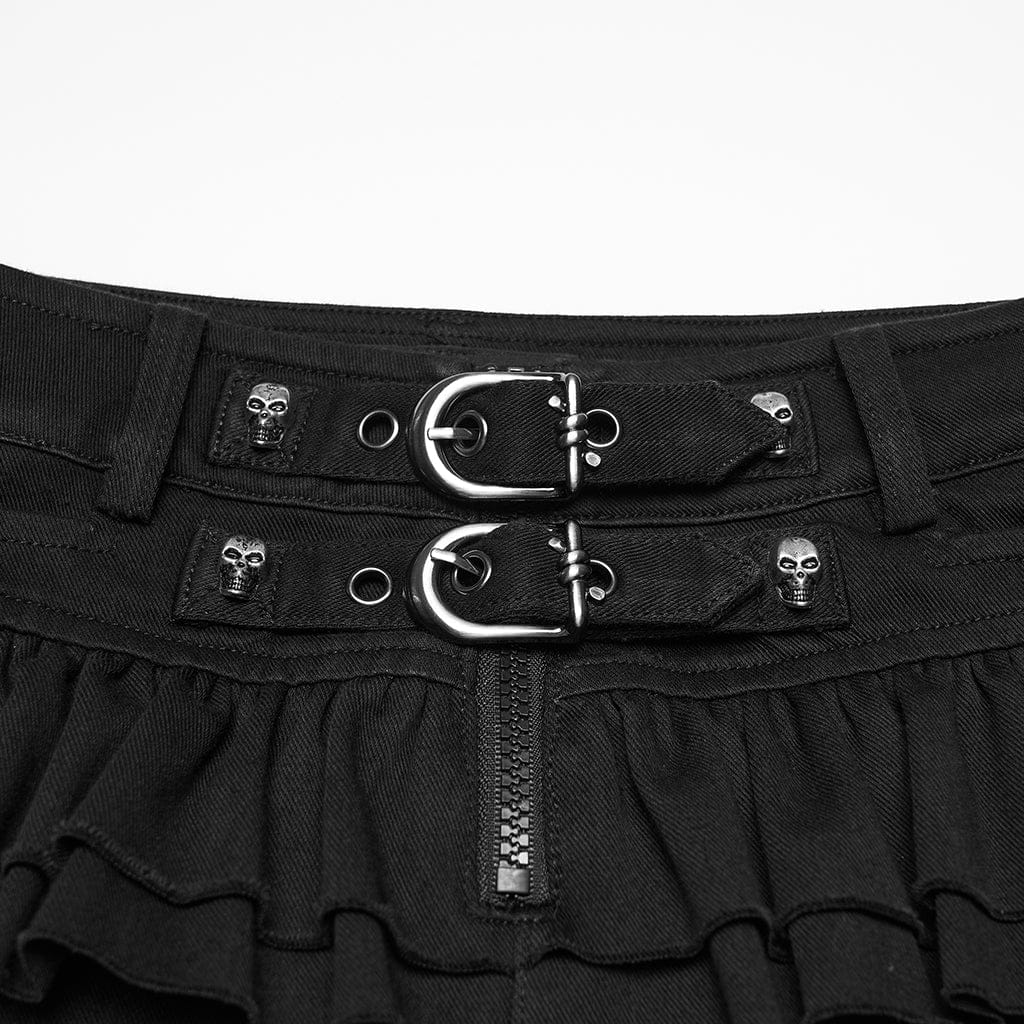 PUNK RAVE Women's Punk Buckle-up Ruffled Streamer Shorts