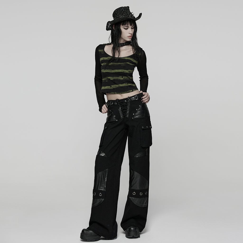 PUNK RAVE Women's Punk Buckle-up strap Mesh Splice Printed T-shirt Black-Green