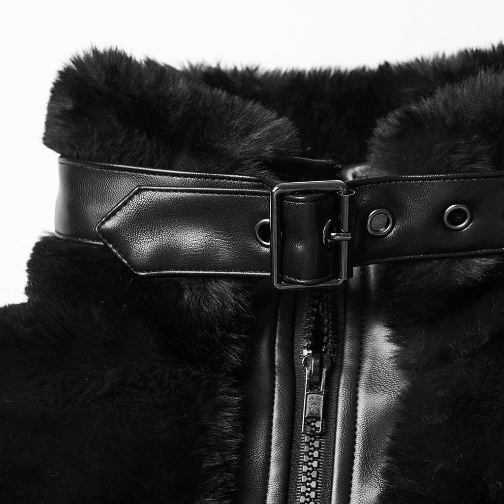 PUNK RAVE Women's Punk Buckle-up Strap Stand Collar Faux Fur Short Cape Black