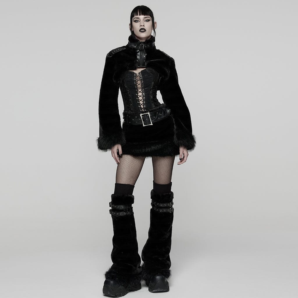 PUNK RAVE Women's Punk Buckle-up Strap Stand Collar Faux Fur Short Cape Black