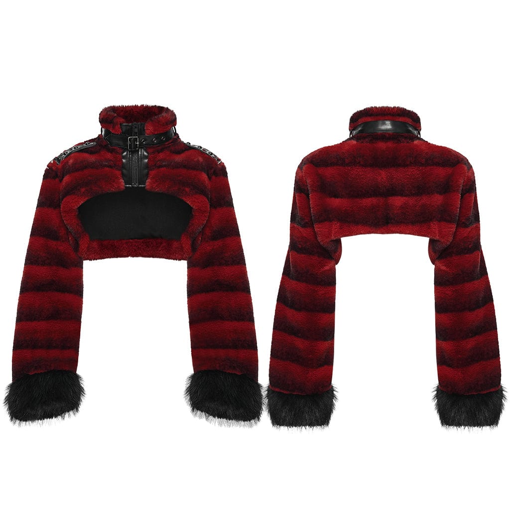 PUNK RAVE Women's Punk Buckle-up Strap Stand Collar Faux Fur Short Cape Red