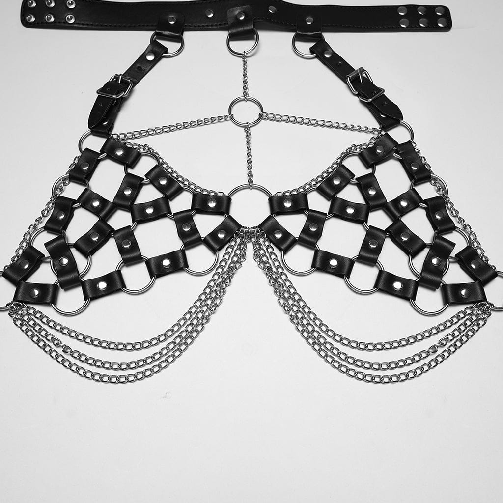 PUNK RAVE Women's Punk Chain Faux Leather Weaving Halterneck Body Harness