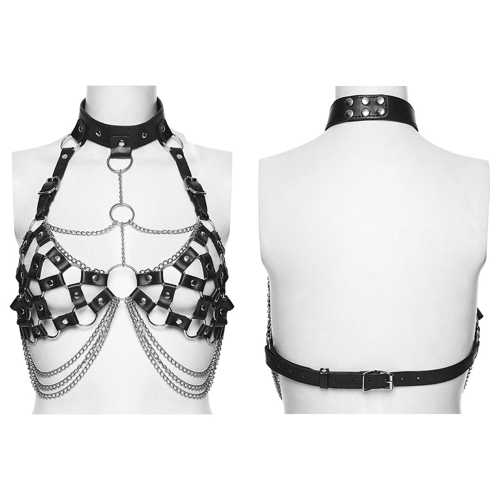 PUNK RAVE Women's Punk Chain Faux Leather Weaving Halterneck Body Harness