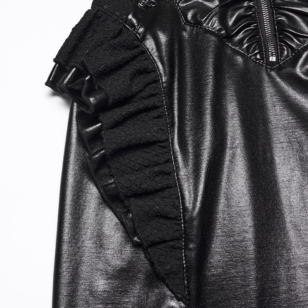 PUNK RAVE Women's Punk Chain Ruched Ruffle Trim Long Sleeve Bodycon Dress
